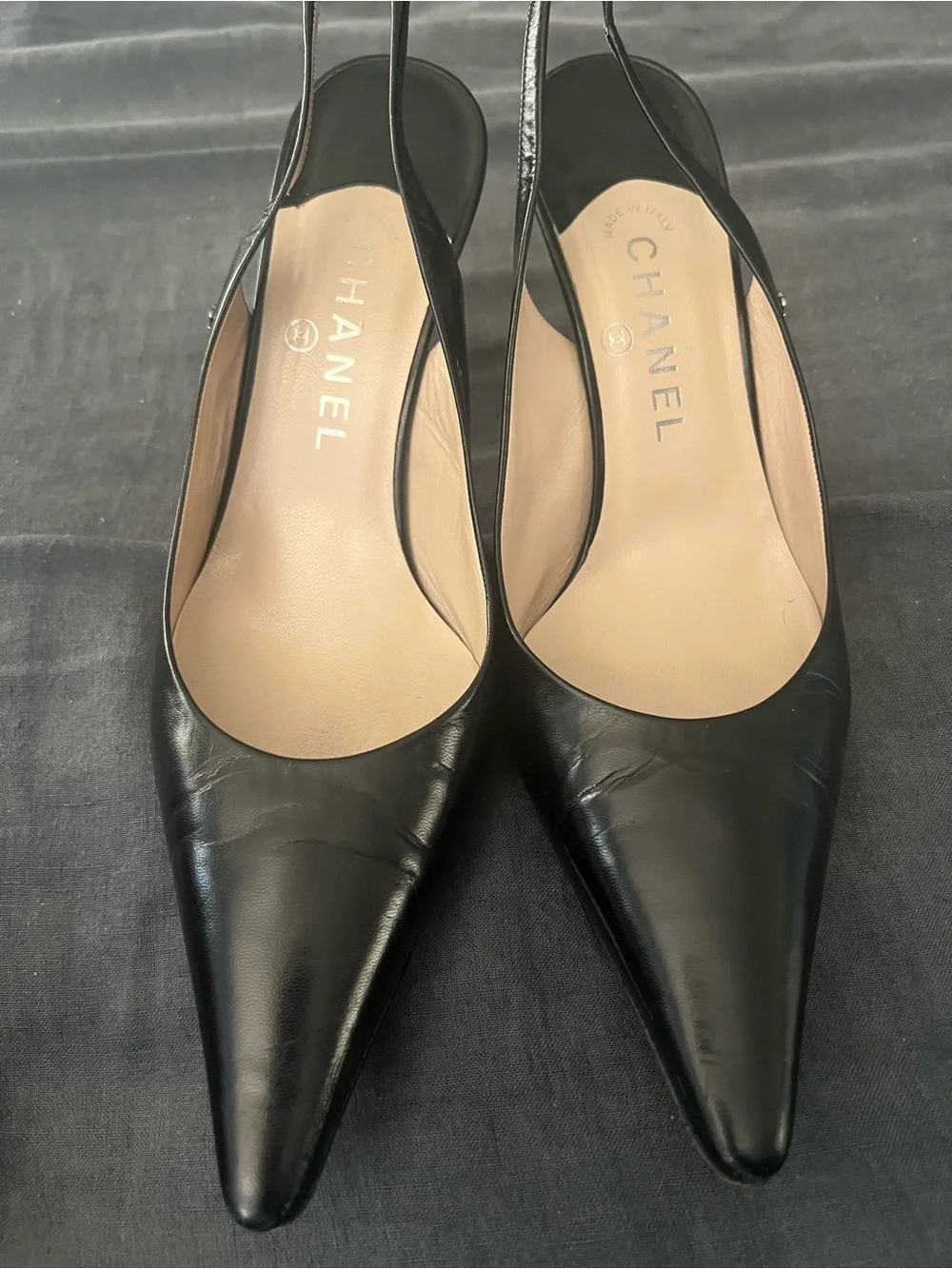 CHANEL Black Leather Pointed Slingback Pumps